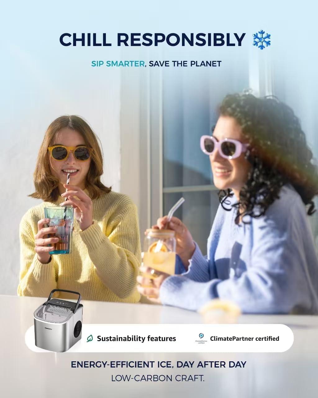 imageEUHOMY Countertop Ice Maker Machine with Handle 26lbs in 24Hrs 9 Ice Cubes Ready in 6 Mins AutoCleaning Portable Ice Maker with Basket and Scoop for HomeKitchenCampingRV PinkLight Grey