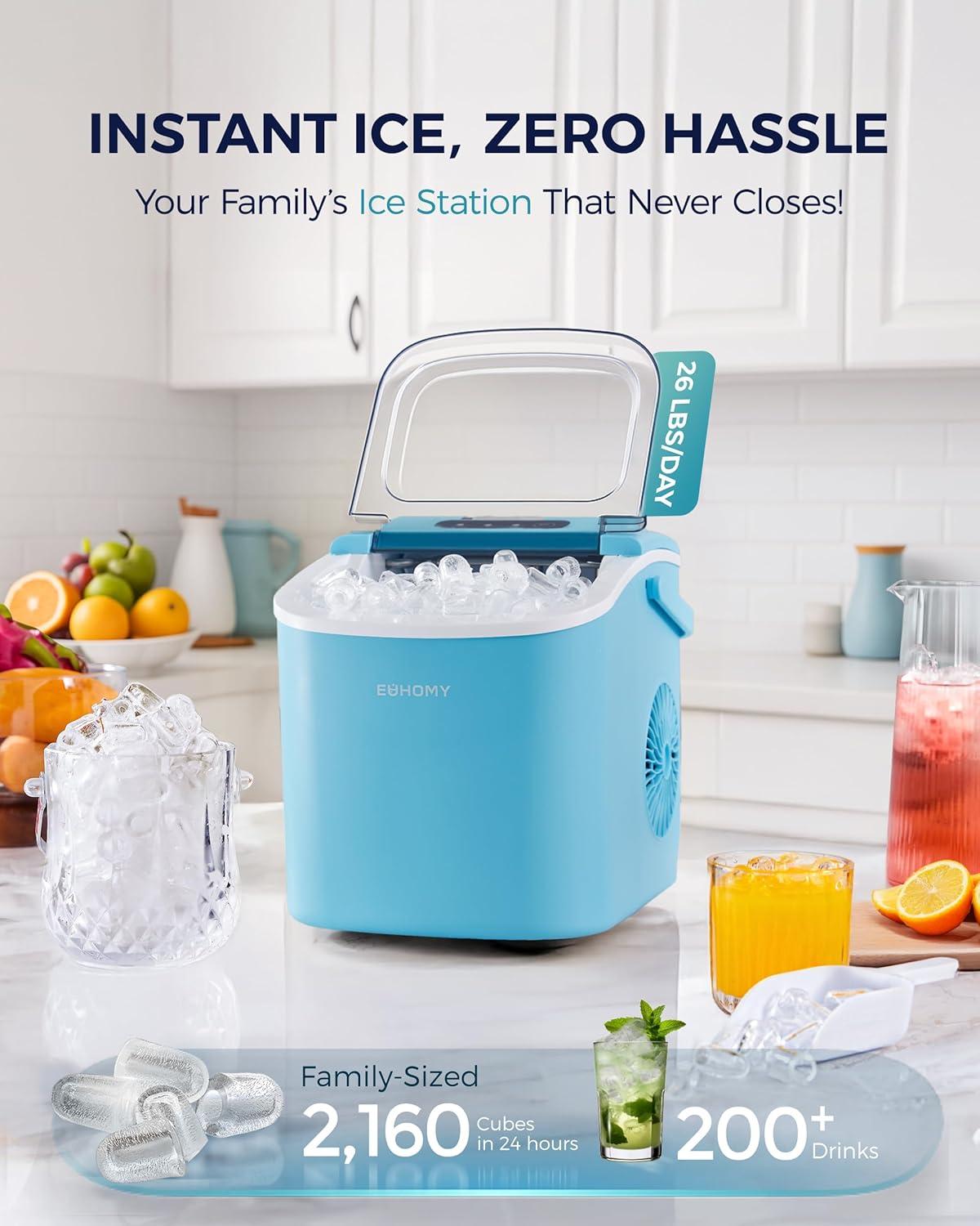 imageEUHOMY Countertop Ice Maker Machine with Handle 26lbs in 24Hrs 9 Ice Cubes Ready in 6 Mins AutoCleaning Portable Ice Maker with Basket and Scoop for HomeKitchenCampingRV PinkBlue