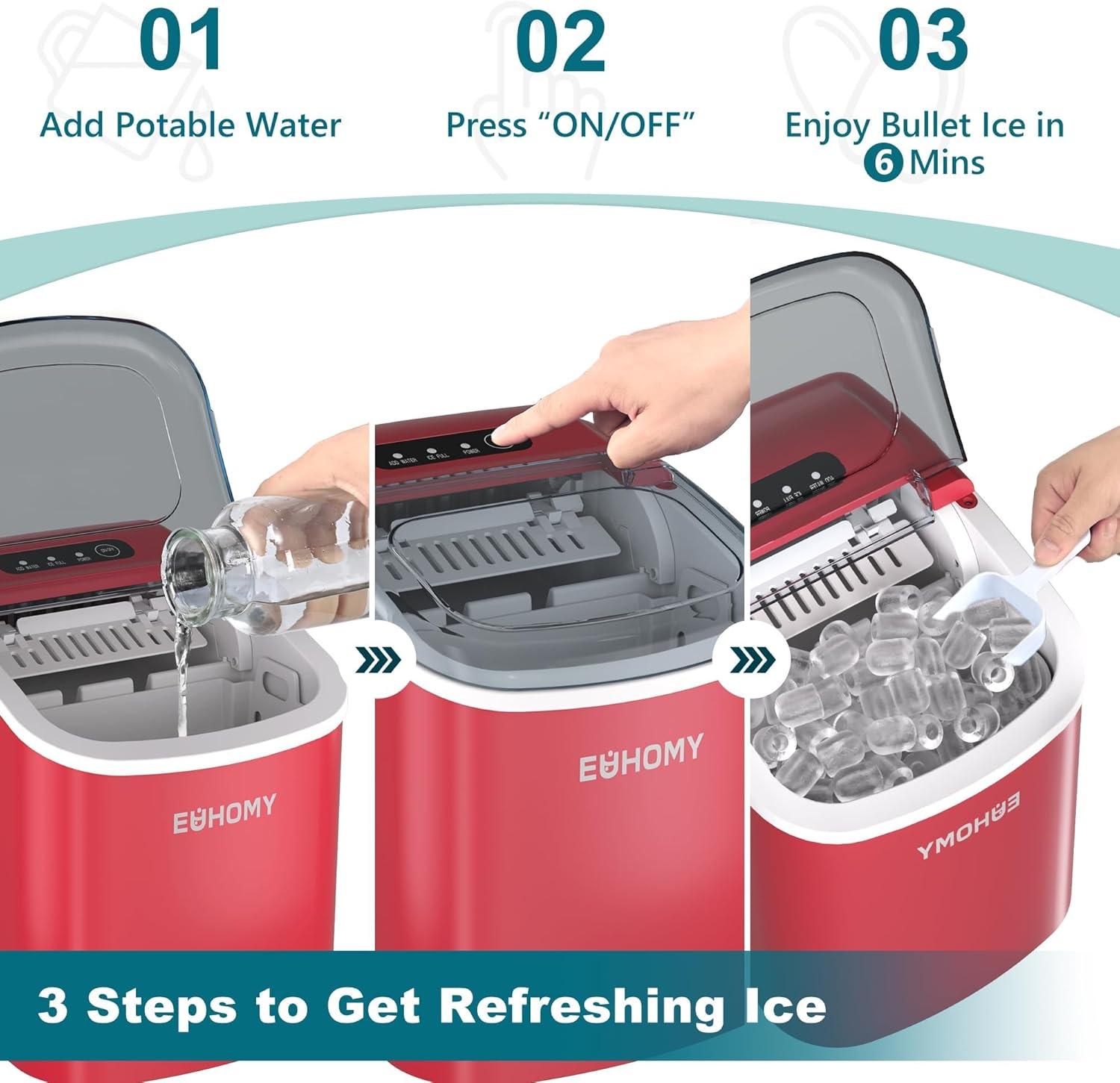 imageEUHOMY Countertop Ice Maker Machine with Handle 26lbs in 24Hrs 9 Ice Cubes Ready in 6 Mins AutoCleaning Portable Ice Maker with Basket and Scoop for HomeKitchenCampingRV PinkRed