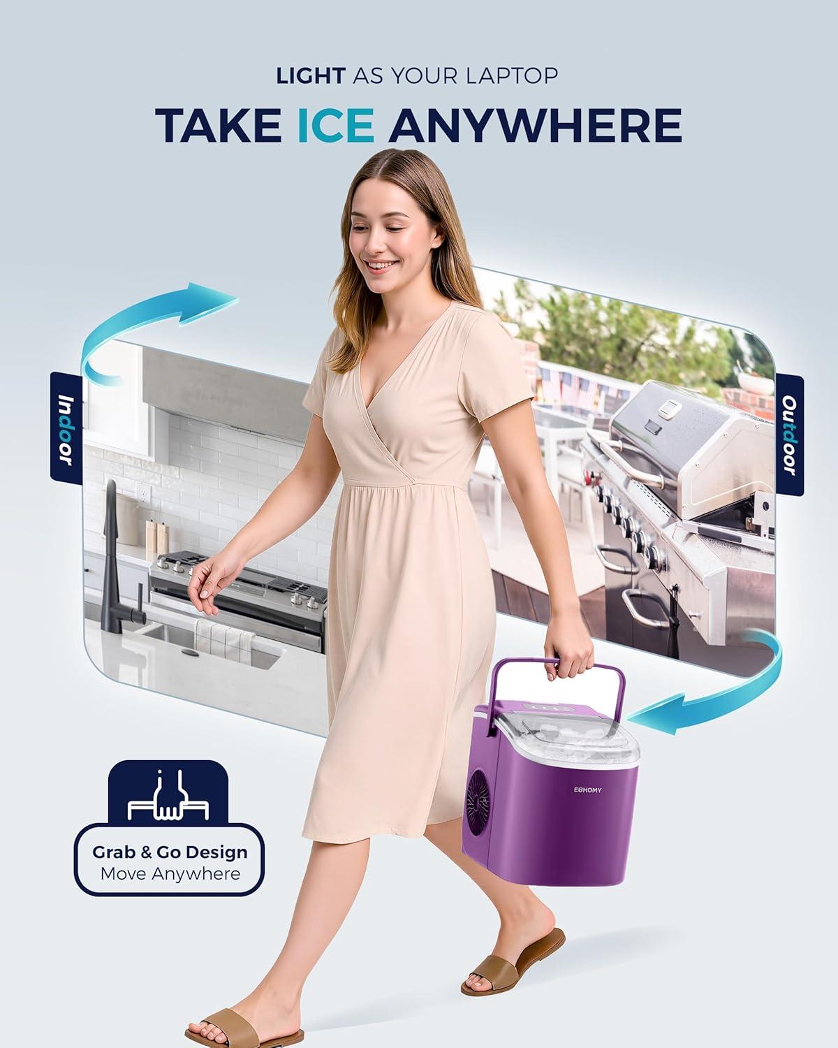 imageEUHOMY Countertop Ice Maker Machine with Handle 26lbs in 24Hrs 9 Ice Cubes Ready in 6 Mins AutoCleaning Portable Ice Maker with Basket and Scoop for HomeKitchenCampingRV PinkPurple
