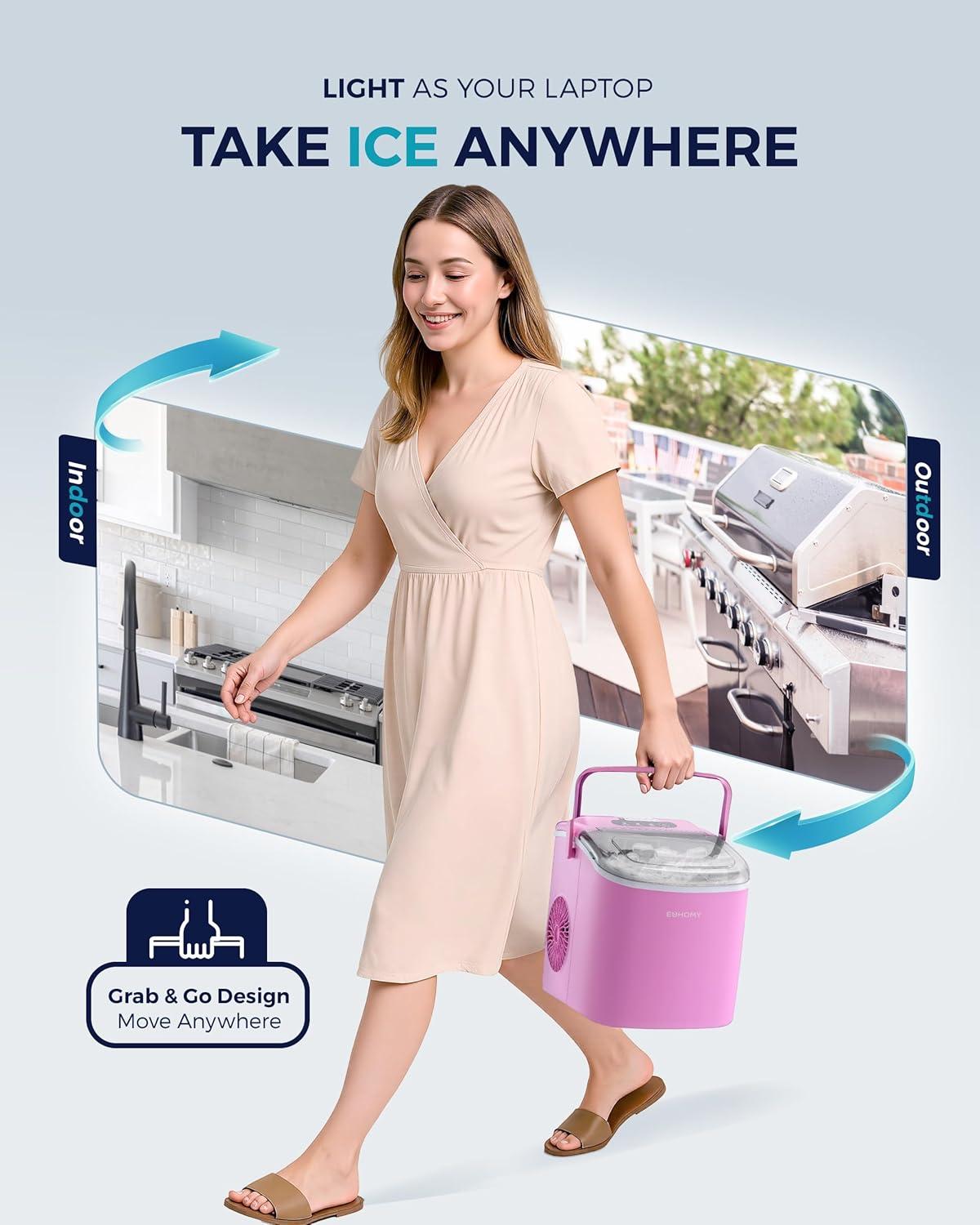 imageEUHOMY Countertop Ice Maker Machine with Handle 26lbs in 24Hrs 9 Ice Cubes Ready in 6 Mins AutoCleaning Portable Ice Maker with Basket and Scoop for HomeKitchenCampingRV PinkPink