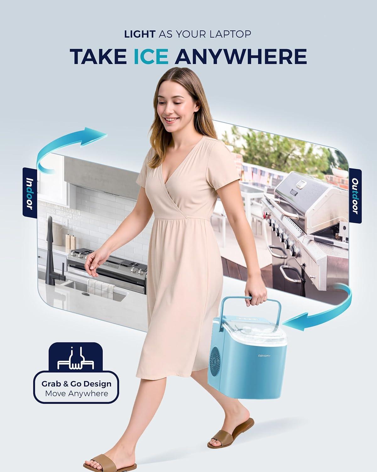 imageEUHOMY Countertop Ice Maker Machine with Handle 26lbs in 24Hrs 9 Ice Cubes Ready in 6 Mins AutoCleaning Portable Ice Maker with Basket and Scoop for HomeKitchenCampingRV PinkBlue