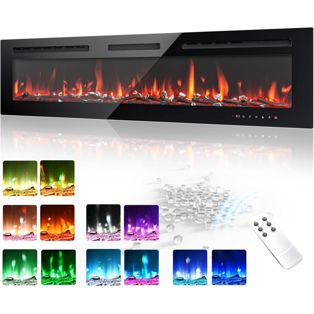 imageEUHOMY 50 Inch Electric Fireplace Wall Recessed and Wall Mounted with Adjustable Flame Color Fireplace Heater with Remote Control Linear Fireplace with Timer Touch Screen Log ampamp Crystal 7501500W60Inch