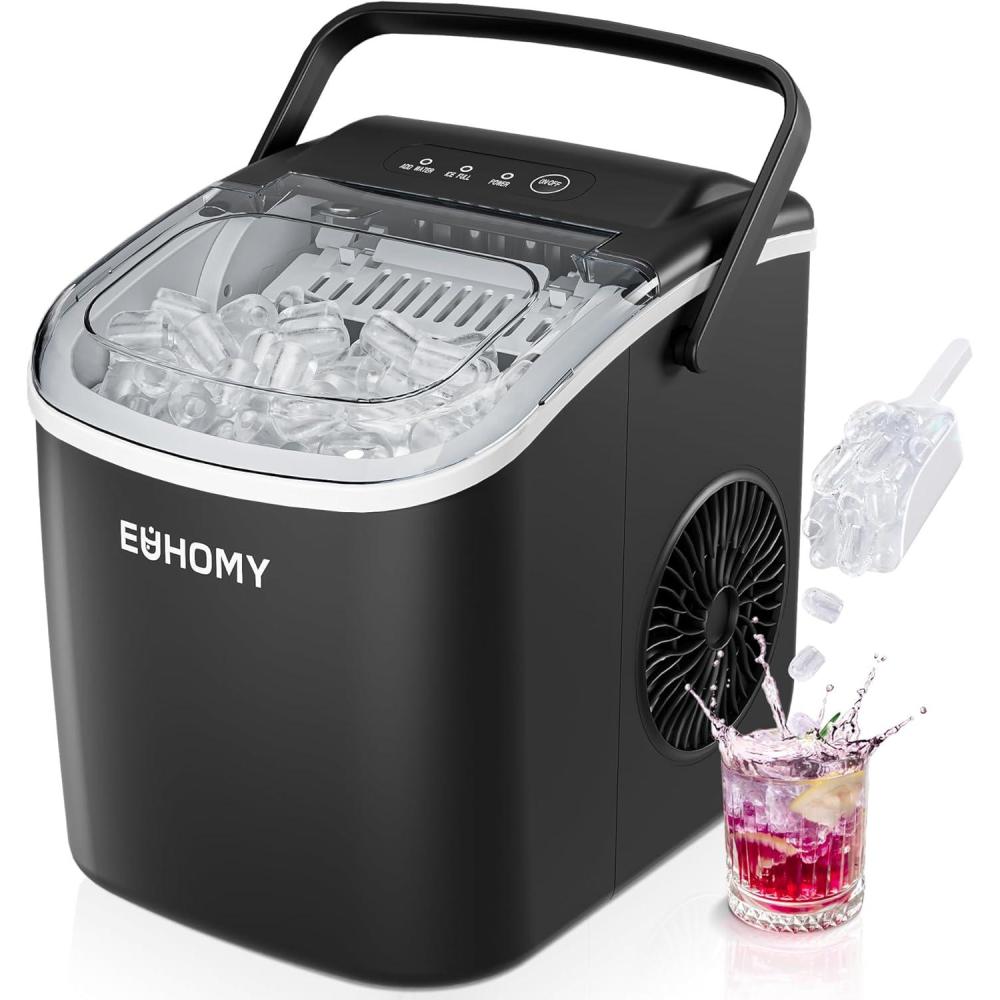 imageEUHOMY Countertop Ice Maker Machine with Handle 26lbs in 24Hrs 9 Ice Cubes Ready in 6 Mins AutoCleaning Portable Ice Maker with Basket and Scoop for HomeKitchenCampingRV PinkBlack