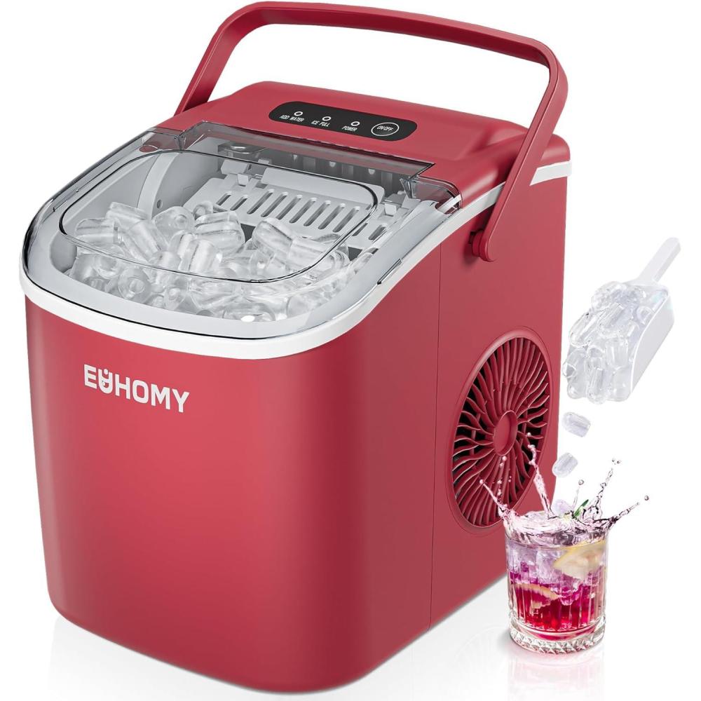 imageEUHOMY Countertop Ice Maker Machine with Handle 26lbs in 24Hrs 9 Ice Cubes Ready in 6 Mins AutoCleaning Portable Ice Maker with Basket and Scoop for HomeKitchenCampingRV PinkRed