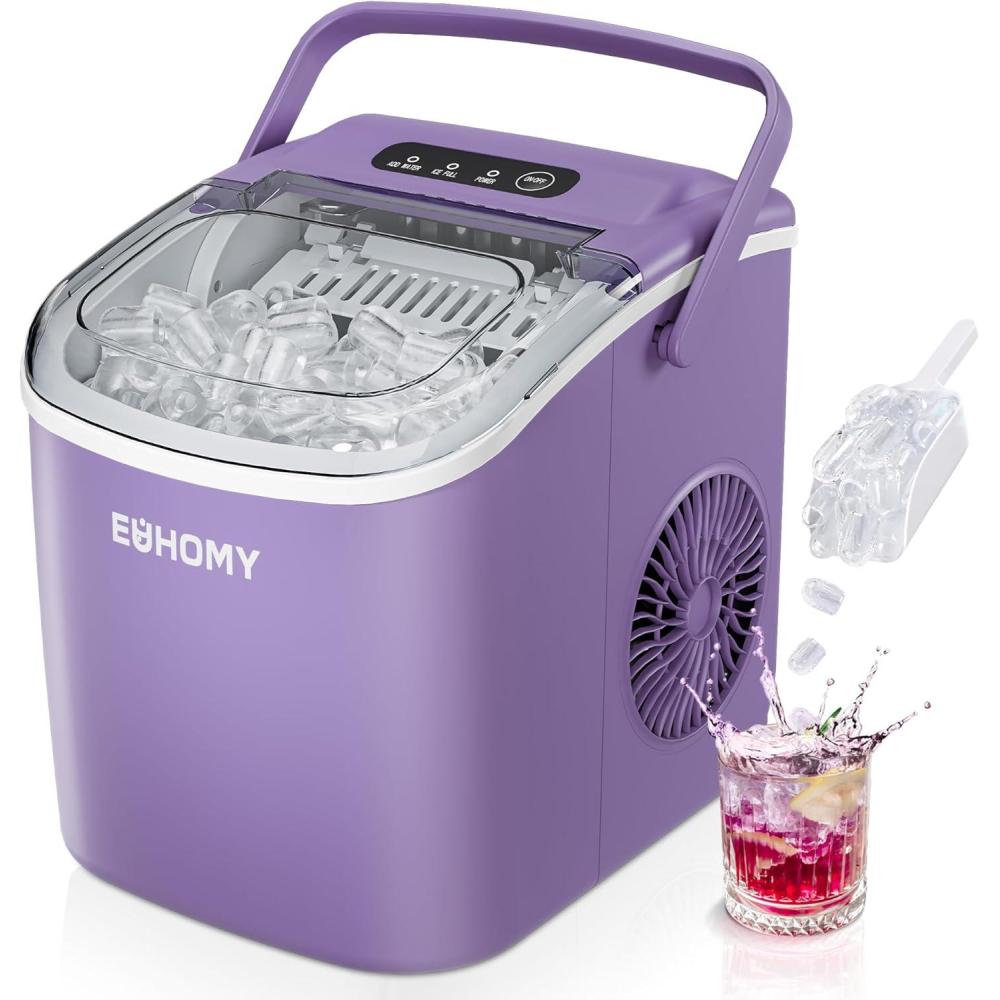 imageEUHOMY Countertop Ice Maker Machine with Handle 26lbs in 24Hrs 9 Ice Cubes Ready in 6 Mins AutoCleaning Portable Ice Maker with Basket and Scoop for HomeKitchenCampingRV PinkPurple