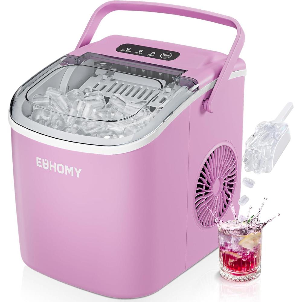 imageEUHOMY Countertop Ice Maker Machine with Handle 26lbs in 24Hrs 9 Ice Cubes Ready in 6 Mins AutoCleaning Portable Ice Maker with Basket and Scoop for HomeKitchenCampingRV PinkPink