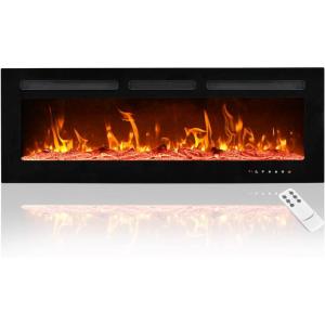 EUHOMY 50 Inch Electric Fireplace Wall Recessed and Wall Mounted with Adjustable Flame Color, Fireplace Heater with Remote Control, Linear Fireplace with Timer, Touch Screen, Log & Crystal, 750/1500W(20Inch)