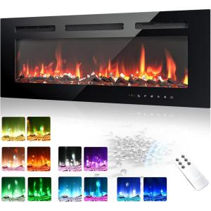 EUHOMY 50 Inch Electric Fireplace Wall Recessed and Wall Mounted with Adjustable Flame Color, Fireplace Heater with Remote Control, Linear Fireplace with Timer, Touch Screen, Log & Crystal, 750/1500W(36Inch)
