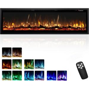 EUHOMY 50 Inch Electric Fireplace Wall Recessed and Wall Mounted with Adjustable Flame Color, Fireplace Heater with Remote Control, Linear Fireplace with Timer, Touch Screen, Log & Crystal, 750/1500W(Ultra-thin 60 Inch)