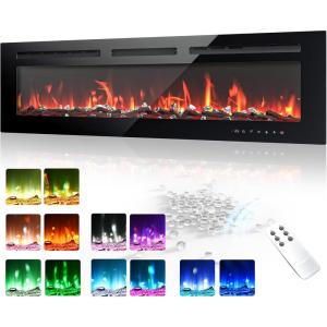 EUHOMY 50 Inch Electric Fireplace Wall Recessed and Wall Mounted with Adjustable Flame Color, Fireplace Heater with Remote Control, Linear Fireplace with Timer, Touch Screen, Log & Crystal, 750/1500W(50Inch)