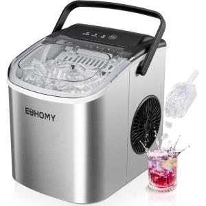 EUHOMY Countertop Ice Maker Machine with Handle, 26lbs in 24Hrs, 9 Ice Cubes Ready in 6 Mins, Auto-Cleaning Portable Ice Maker with Basket and Scoop, for Home/Kitchen/Camping/RV. (Pink)(Light Grey)