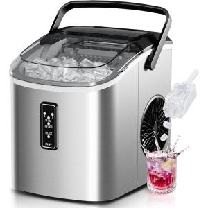 EUHOMY Countertop Ice Maker with Carry Handle, 26.5lbs/24H, 9 Cubes Ready in 6 Mins, Self-Cleaning, Portable Ice Maker Machine with Basket and Scoop, 2 Sizes of Bullet Ice for Home, Kitchen, Office