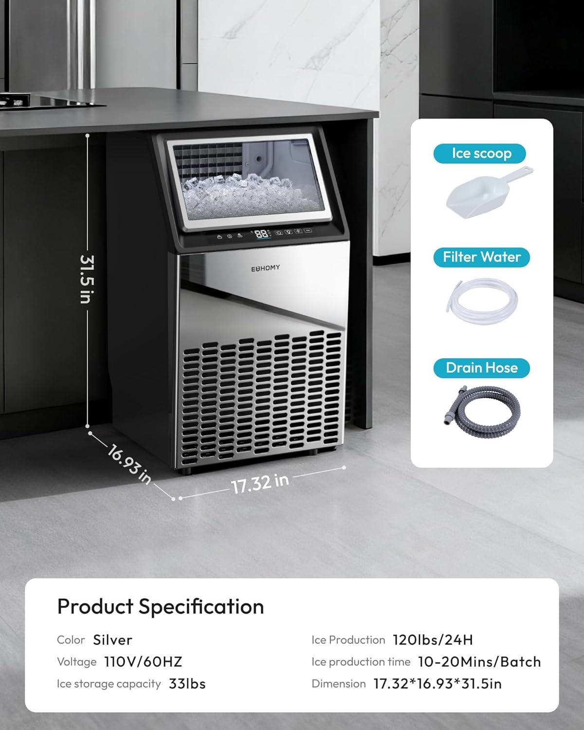 imageEUHOMY Commercial Ice Maker Machine120lbs24H Stainless Steel Under Counter Ice Machine with 33lbs Storage Bin Freestanding Ice Maker for HomeBarCafeRestaurant120lbsday