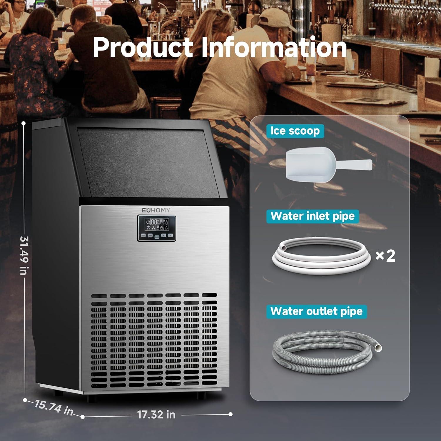 imageEUHOMY Commercial Ice Maker Machine 200lbs Daily Output Under Counter ice Machine with 65lbs Ice Storage Capacity Perfect for HomeBarRestaurantOutdoor ActivitiesStainless Steel100lbs24HCrescent Ice