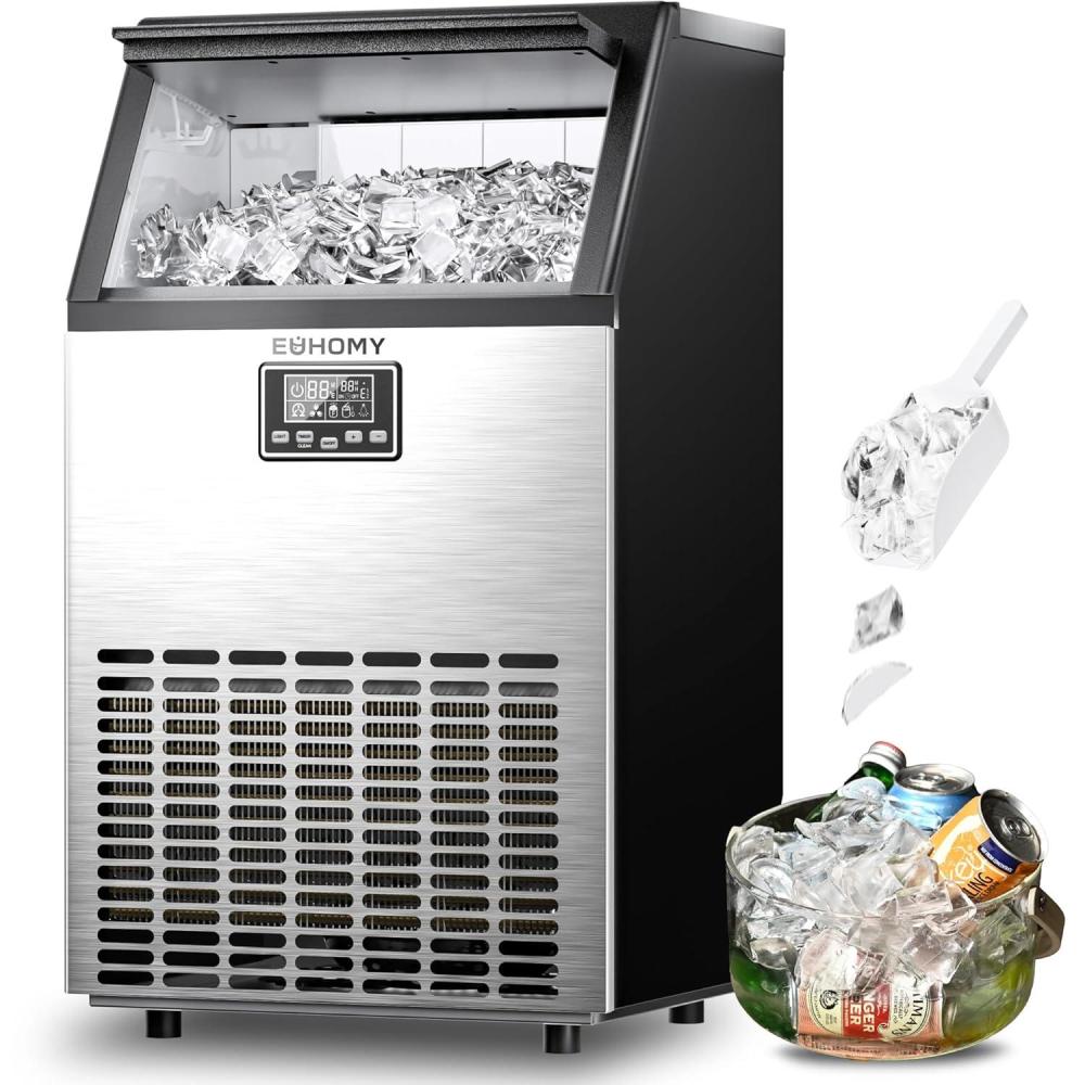 imageEUHOMY Commercial Ice Maker Machine 200lbs Daily Output Under Counter ice Machine with 65lbs Ice Storage Capacity Perfect for HomeBarRestaurantOutdoor ActivitiesStainless Steel100lbs24HCrescent Ice