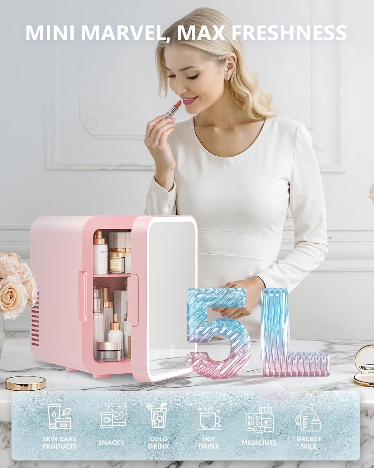 imageEUHOMY Skincare Fridge 5 Liter Mini Fridge for Bedroom with Dimmable LED Mirror ACDC Portable Cooler ampamp Warmer for Skincare Cosmetics and Food Makeup Fridge for Bedroom Car ampamp Office WhitePink