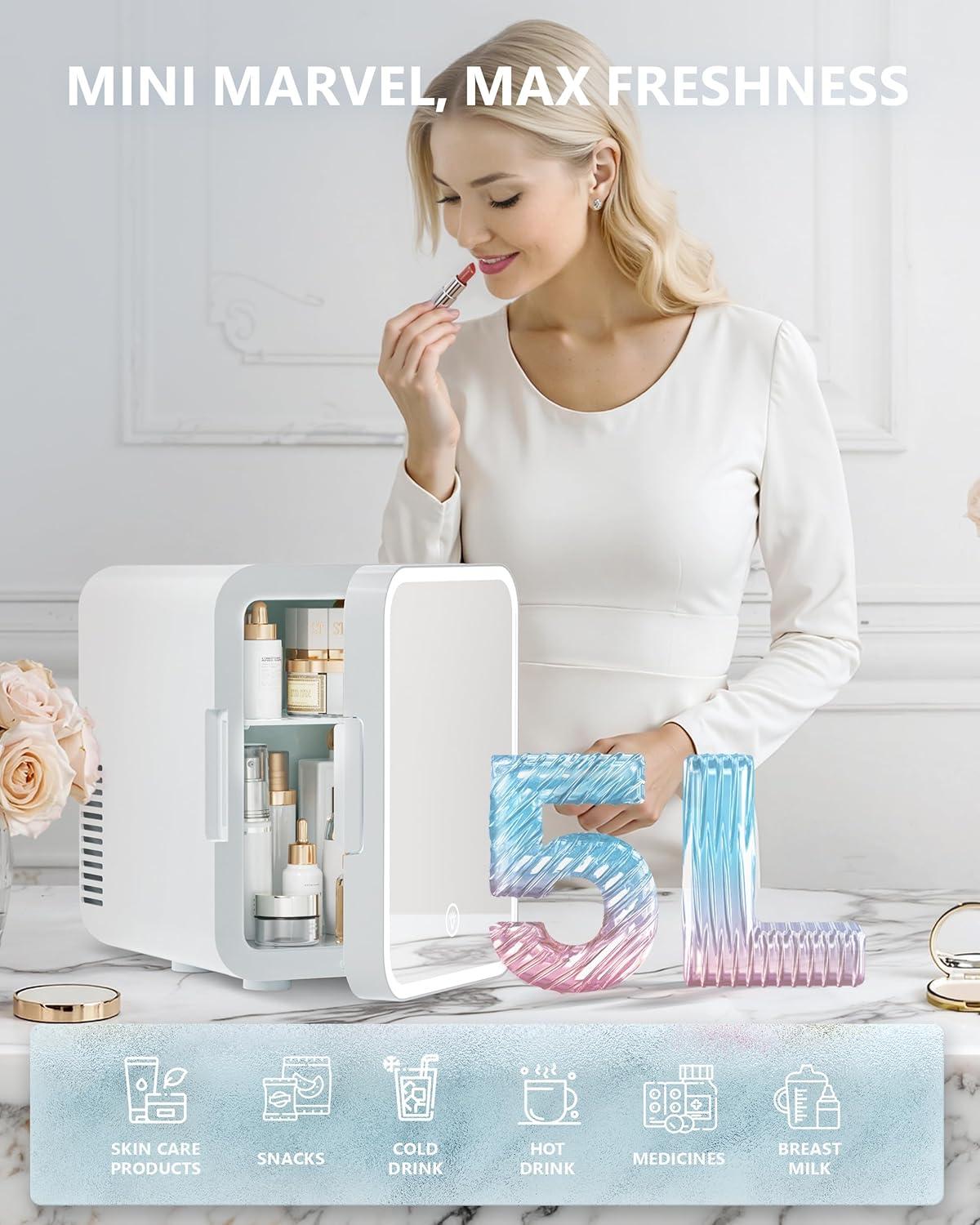 imageEUHOMY Skincare Fridge 5 Liter Mini Fridge for Bedroom with Dimmable LED Mirror ACDC Portable Cooler ampamp Warmer for Skincare Cosmetics and Food Makeup Fridge for Bedroom Car ampamp Office WhiteWhite