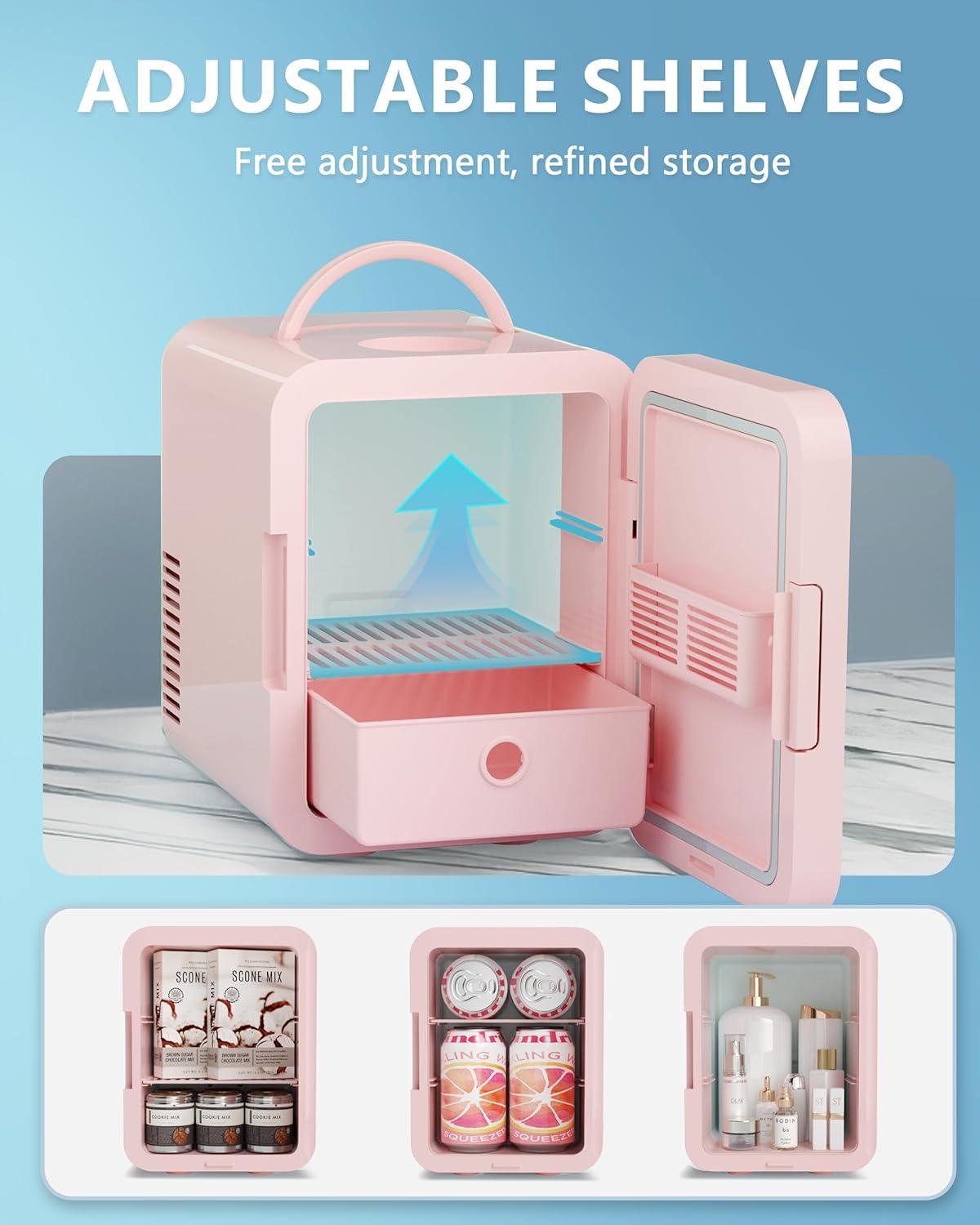 imageEUHOMY Skincare Fridge 5 Liter Mini Fridge for Bedroom with Dimmable LED Mirror ACDC Portable Cooler ampamp Warmer for Skincare Cosmetics and Food Makeup Fridge for Bedroom Car ampamp Office WhitePink