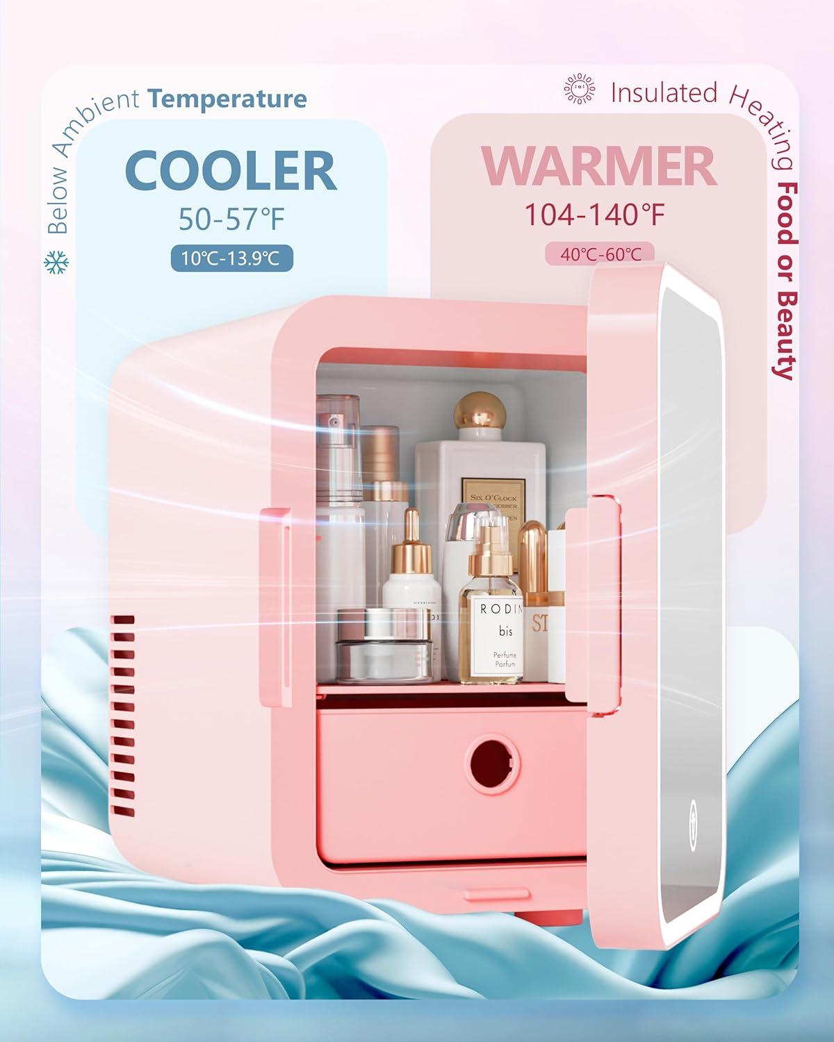 imageEUHOMY Skincare Fridge 5 Liter Mini Fridge for Bedroom with Dimmable LED Mirror ACDC Portable Cooler ampamp Warmer for Skincare Cosmetics and Food Makeup Fridge for Bedroom Car ampamp Office WhitePink