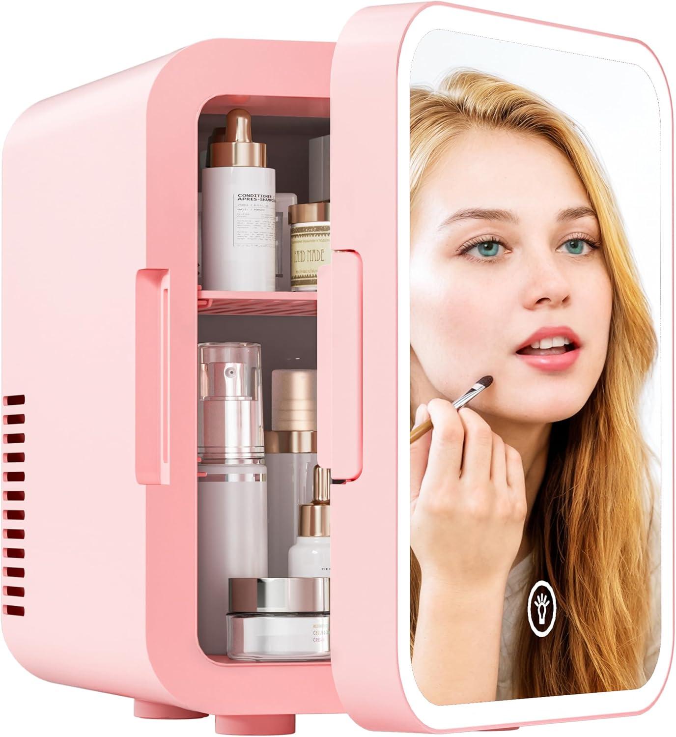 imageEUHOMY Skincare Fridge 5 Liter Mini Fridge for Bedroom with Dimmable LED Mirror ACDC Portable Cooler ampamp Warmer for Skincare Cosmetics and Food Makeup Fridge for Bedroom Car ampamp Office WhitePink