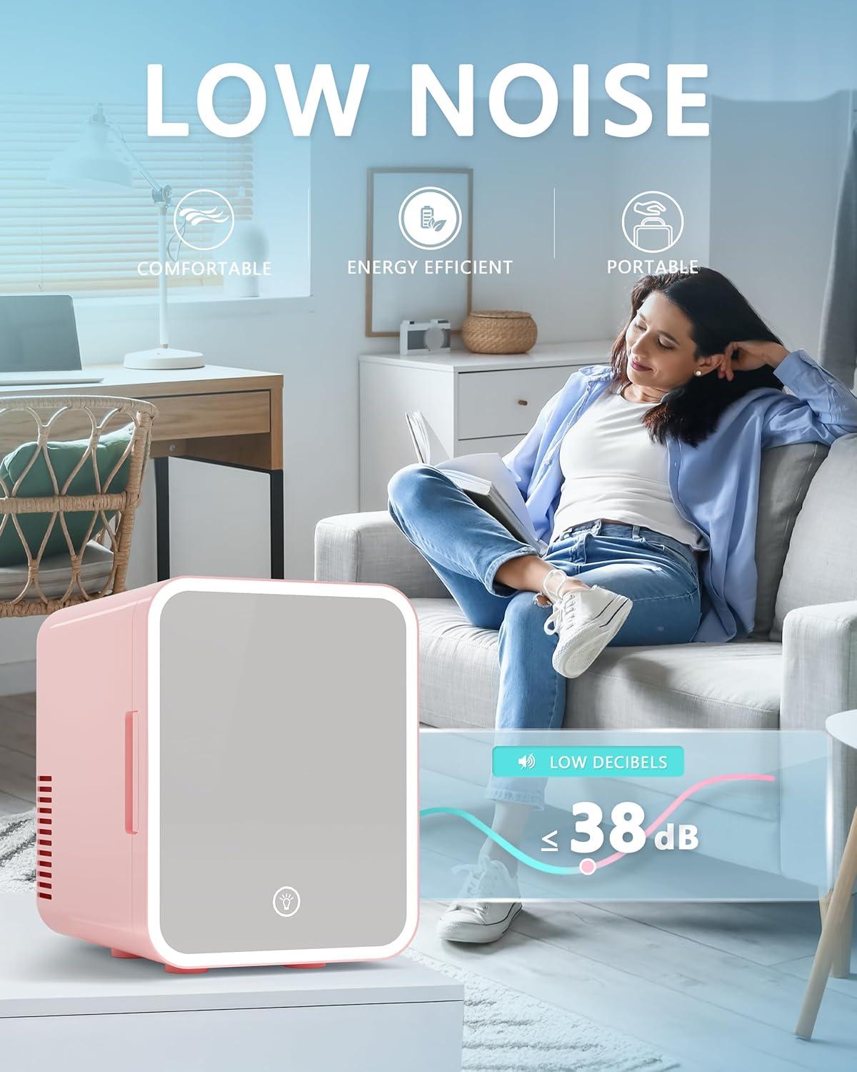 imageEUHOMY Skincare Fridge 5 Liter Mini Fridge for Bedroom with Dimmable LED Mirror ACDC Portable Cooler ampamp Warmer for Skincare Cosmetics and Food Makeup Fridge for Bedroom Car ampamp Office WhitePink