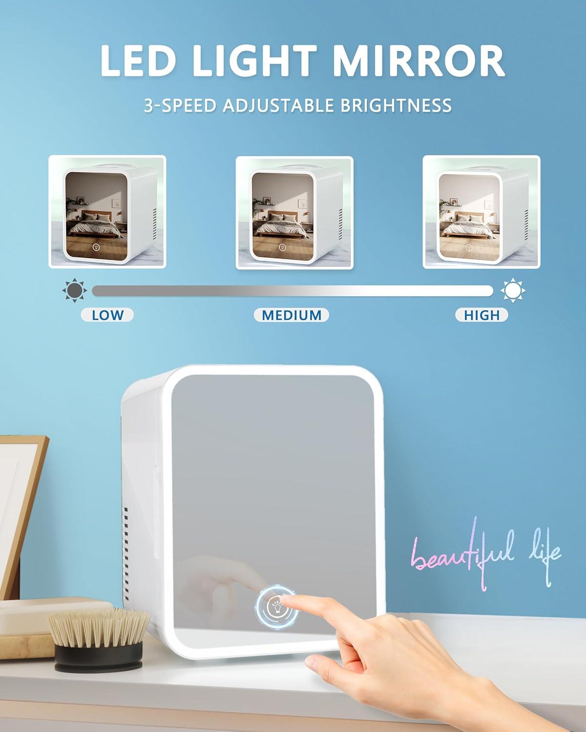 imageEUHOMY Skincare Fridge 5 Liter Mini Fridge for Bedroom with Dimmable LED Mirror ACDC Portable Cooler ampamp Warmer for Skincare Cosmetics and Food Makeup Fridge for Bedroom Car ampamp Office WhiteWhite