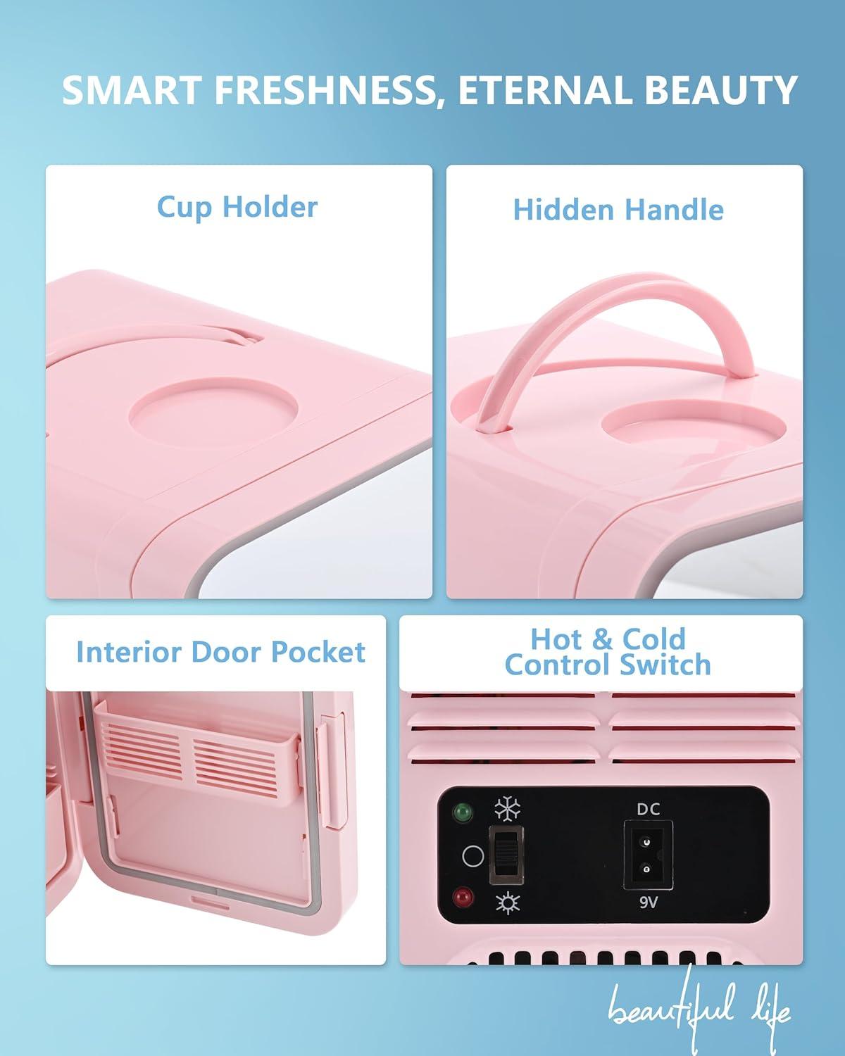 imageEUHOMY Skincare Fridge 5 Liter Mini Fridge for Bedroom with Dimmable LED Mirror ACDC Portable Cooler ampamp Warmer for Skincare Cosmetics and Food Makeup Fridge for Bedroom Car ampamp Office WhitePink