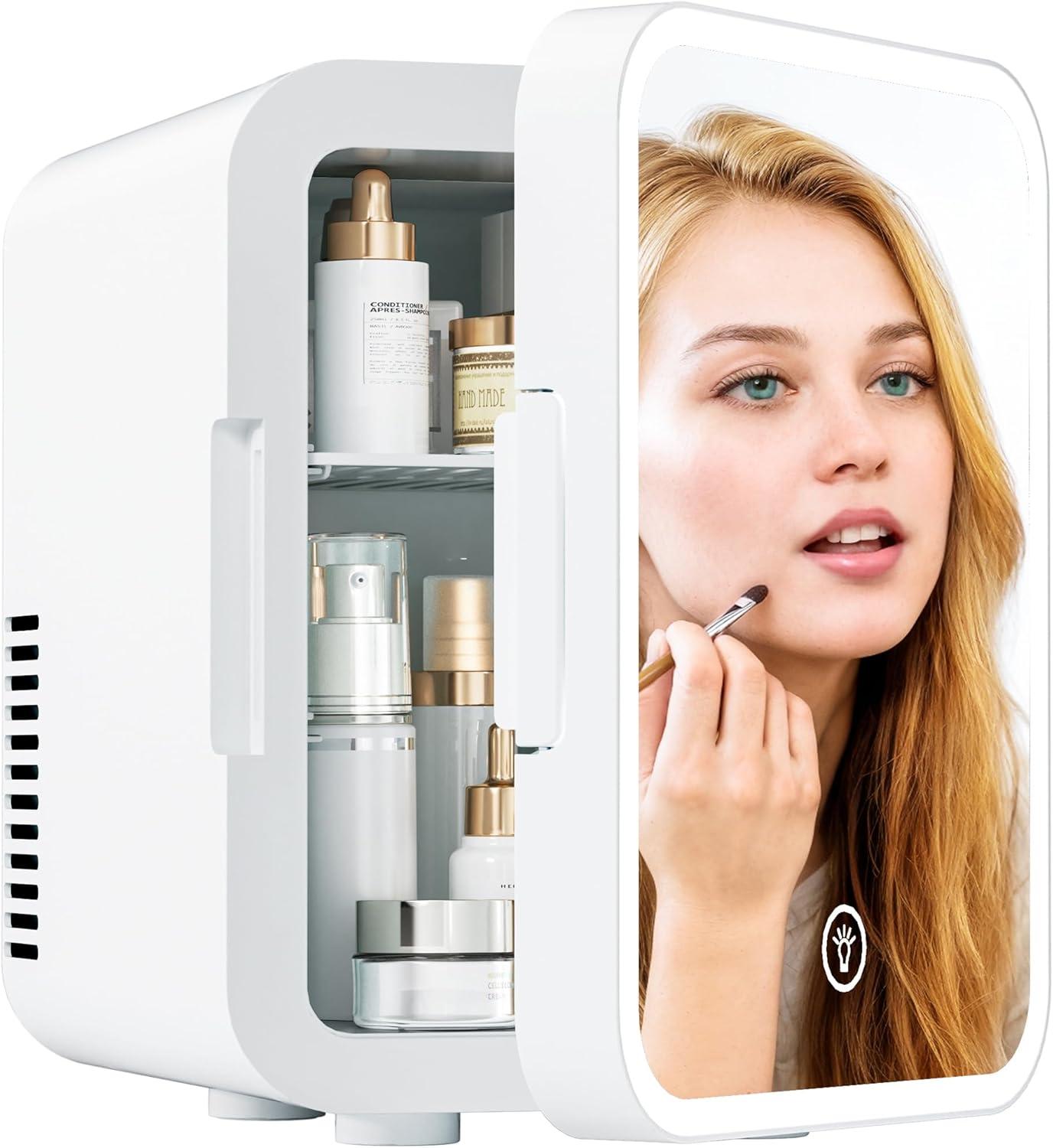 imageEUHOMY Skincare Fridge 5 Liter Mini Fridge for Bedroom with Dimmable LED Mirror ACDC Portable Cooler ampamp Warmer for Skincare Cosmetics and Food Makeup Fridge for Bedroom Car ampamp Office WhiteWhite