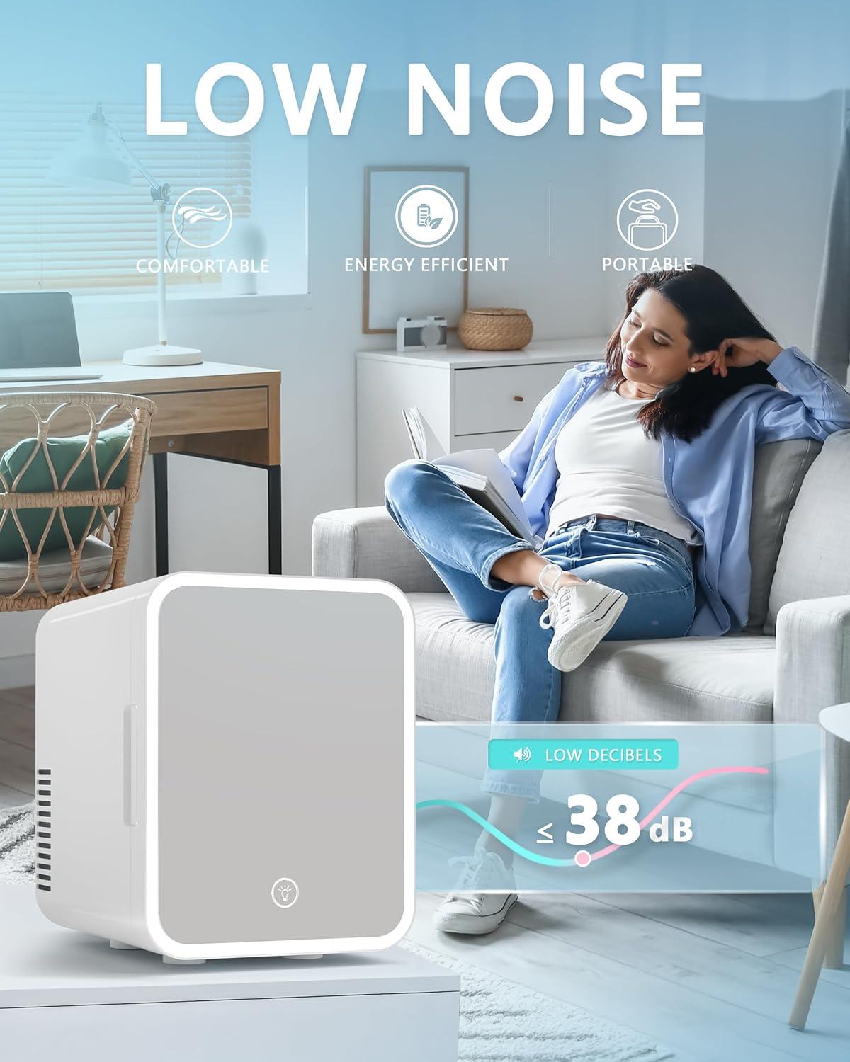 imageEUHOMY Skincare Fridge 5 Liter Mini Fridge for Bedroom with Dimmable LED Mirror ACDC Portable Cooler ampamp Warmer for Skincare Cosmetics and Food Makeup Fridge for Bedroom Car ampamp Office WhiteWhite