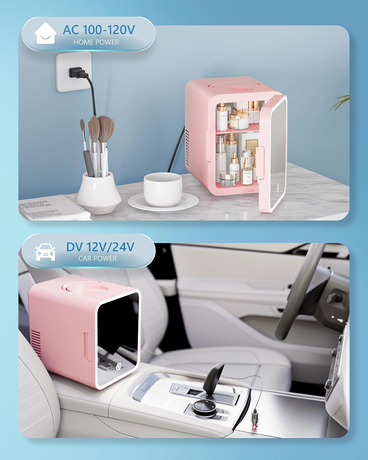 imageEUHOMY Skincare Fridge 5 Liter Mini Fridge for Bedroom with Dimmable LED Mirror ACDC Portable Cooler ampamp Warmer for Skincare Cosmetics and Food Makeup Fridge for Bedroom Car ampamp Office WhitePink