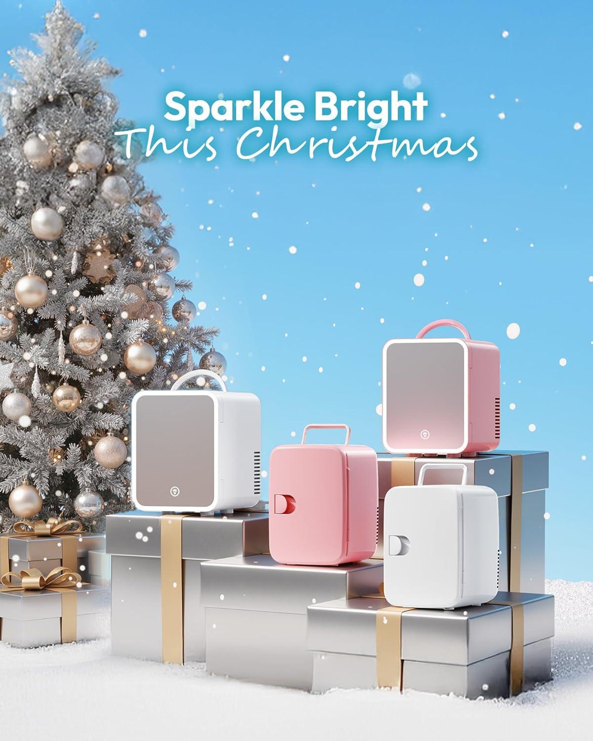 imageEUHOMY Skincare Fridge 5 Liter Mini Fridge for Bedroom with Dimmable LED Mirror ACDC Portable Cooler ampamp Warmer for Skincare Cosmetics and Food Makeup Fridge for Bedroom Car ampamp Office WhitePink