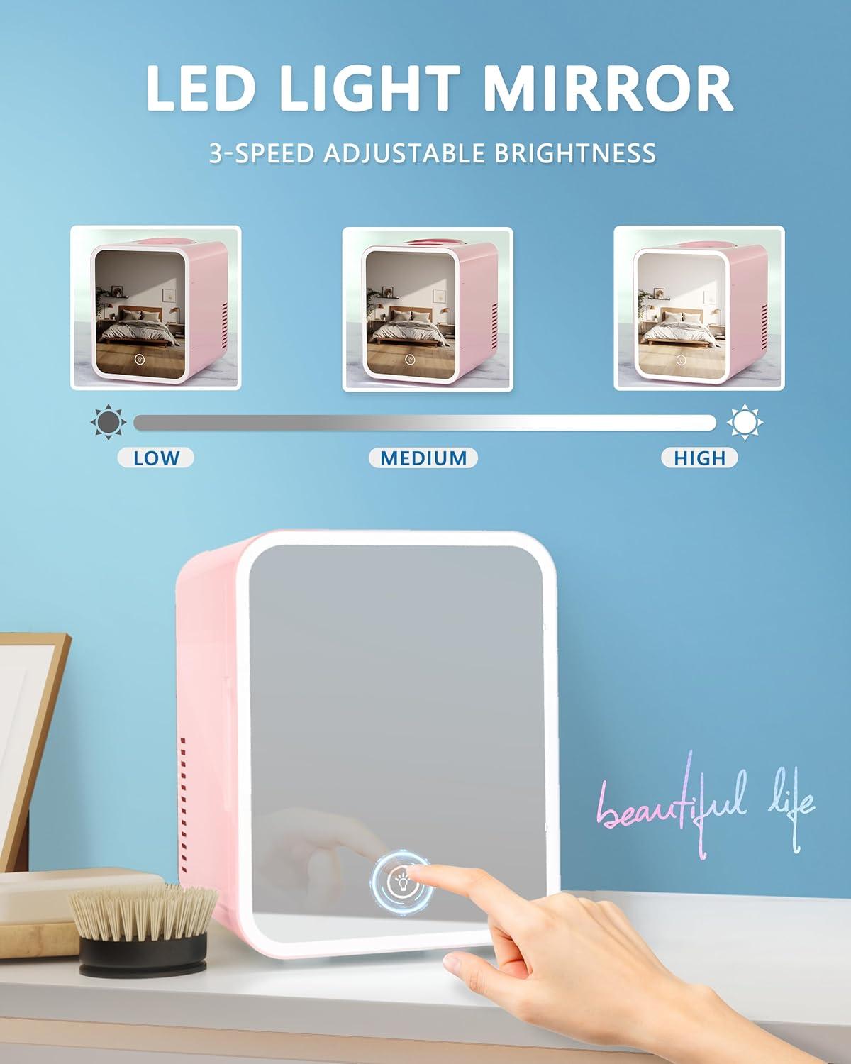 imageEUHOMY Skincare Fridge 5 Liter Mini Fridge for Bedroom with Dimmable LED Mirror ACDC Portable Cooler ampamp Warmer for Skincare Cosmetics and Food Makeup Fridge for Bedroom Car ampamp Office WhitePink