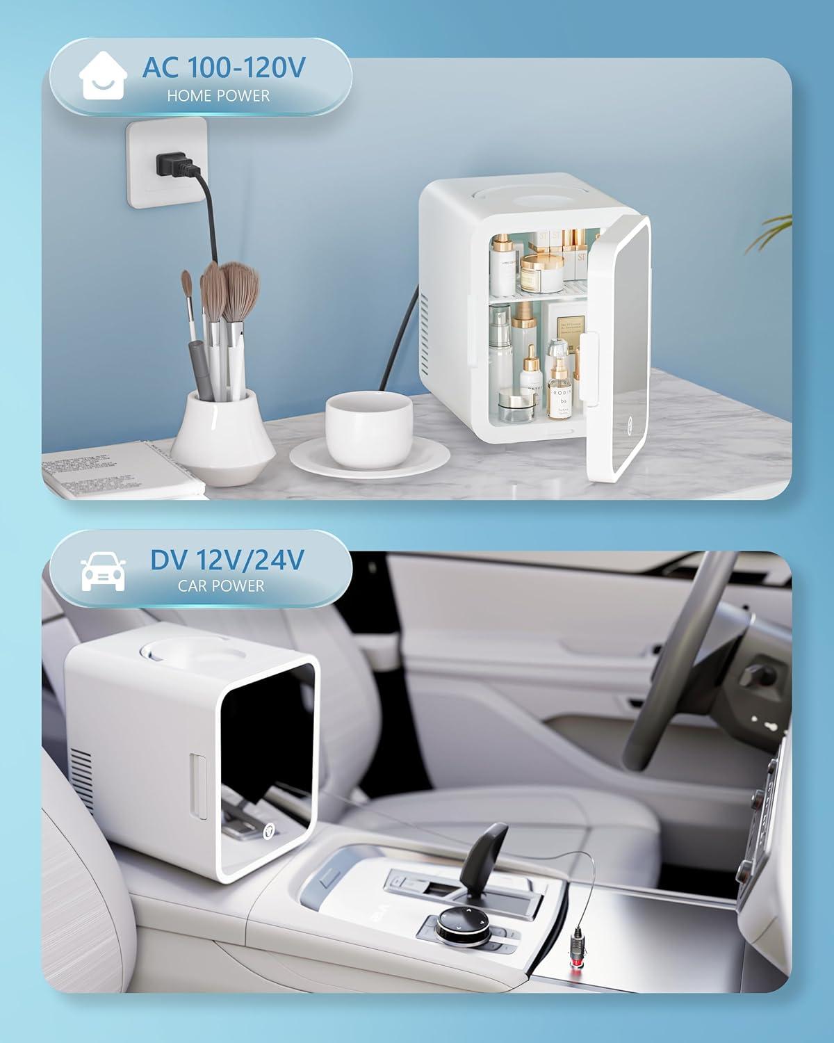 imageEUHOMY Skincare Fridge 5 Liter Mini Fridge for Bedroom with Dimmable LED Mirror ACDC Portable Cooler ampamp Warmer for Skincare Cosmetics and Food Makeup Fridge for Bedroom Car ampamp Office WhiteWhite
