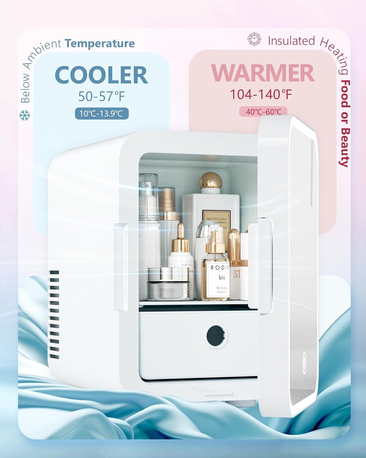 imageEUHOMY Skincare Fridge 5 Liter Mini Fridge for Bedroom with Dimmable LED Mirror ACDC Portable Cooler ampamp Warmer for Skincare Cosmetics and Food Makeup Fridge for Bedroom Car ampamp Office WhiteWhite