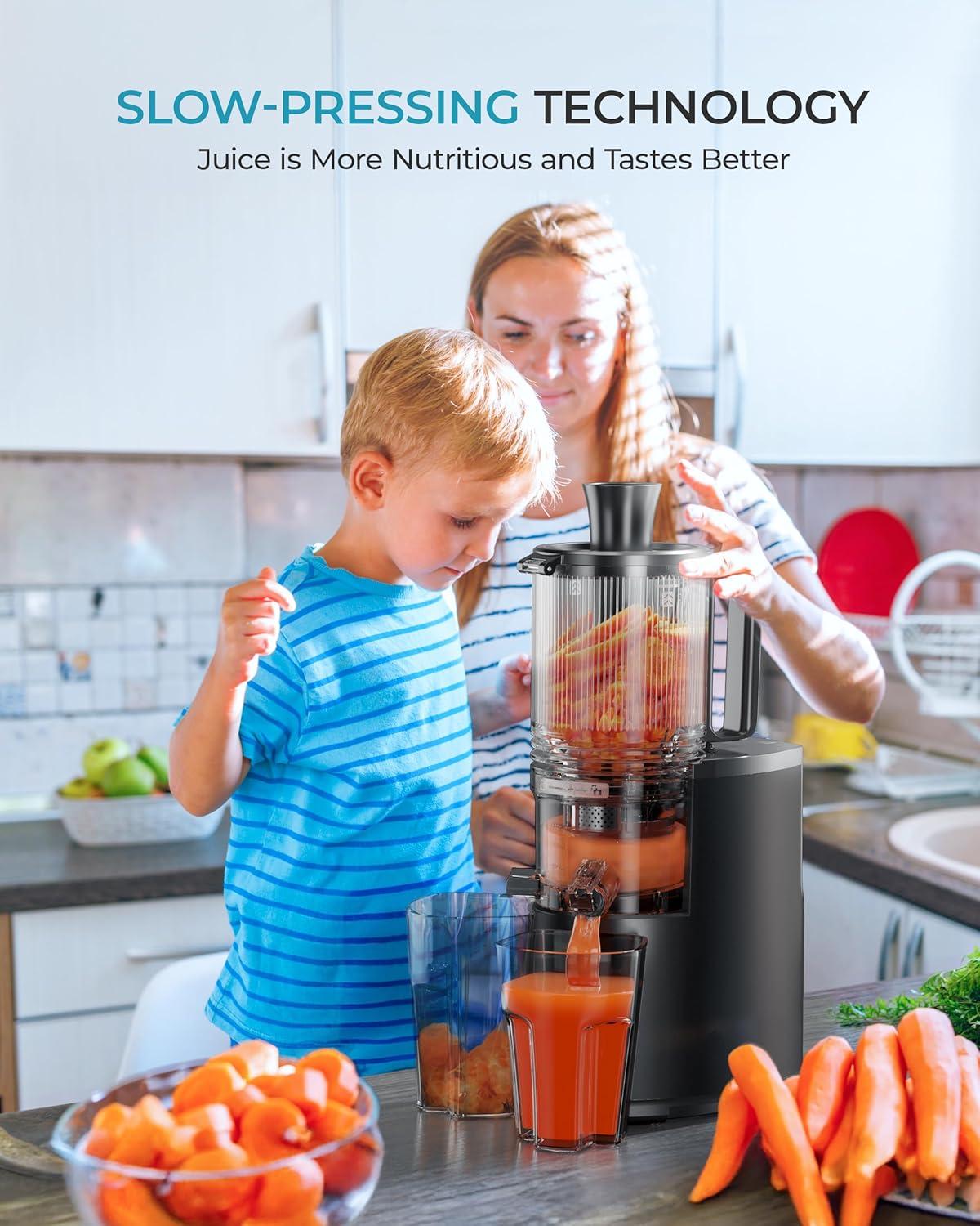 imageCold Press Juicer MachinesEUHOMY 56quot Wide Feed ChuteSlow Masticating Juicer for Whole Vegetables and Fruits996 High Juice YieldEasy to clean Juicer Machines with BPA FreeBlack