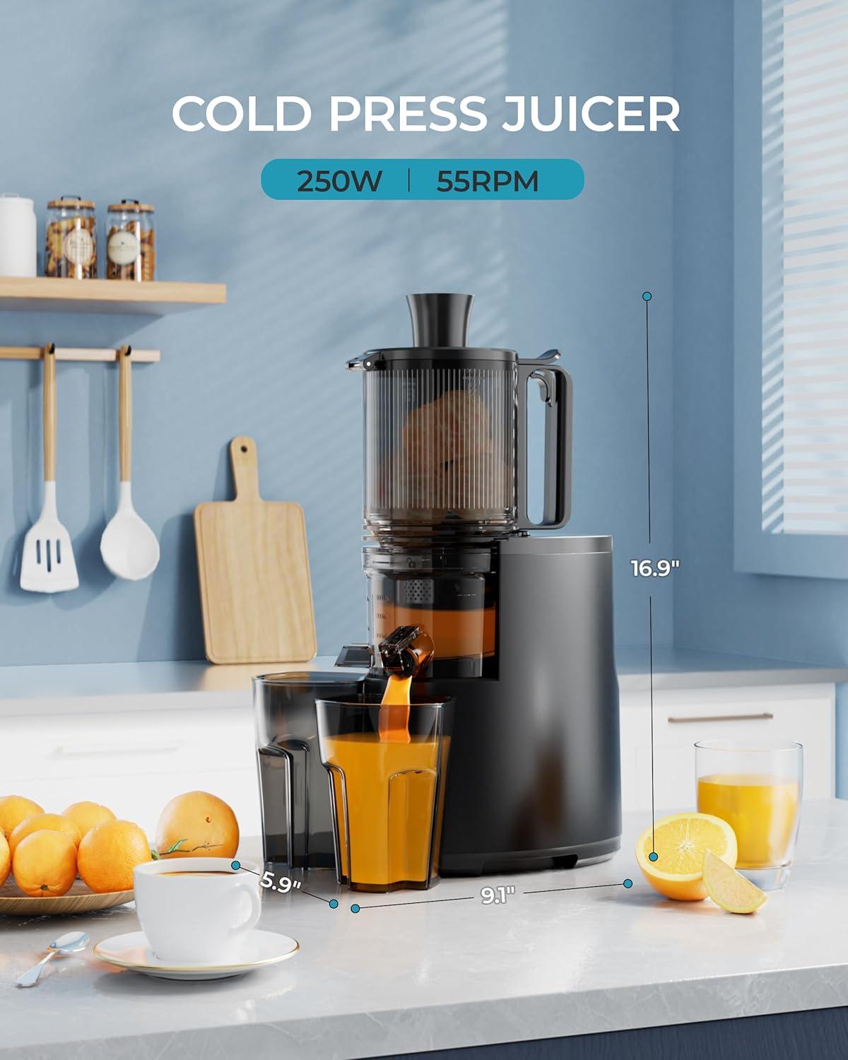 imageCold Press Juicer MachinesEUHOMY 56quot Wide Feed ChuteSlow Masticating Juicer for Whole Vegetables and Fruits996 High Juice YieldEasy to clean Juicer Machines with BPA FreeBlack