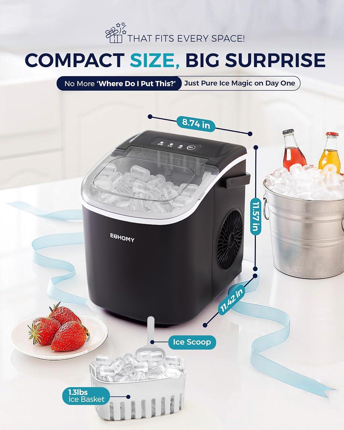 imageEUHOMY Countertop Ice Maker Machine with Handle 265lbs Per Day 9 Ice Cubes Ready in 6 Mins AutoCleaning Portable Ice Maker with Basket and Scoop for HomeKitchenCampingRV BlackBlack