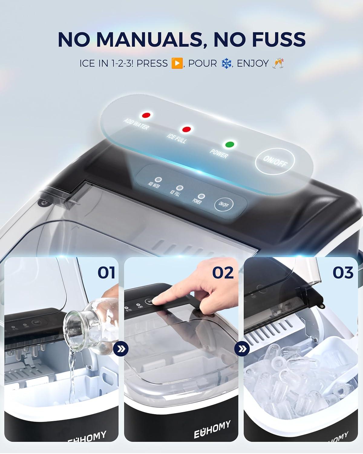 imageEUHOMY Countertop Ice Maker Machine with Handle 265lbs Per Day 9 Ice Cubes Ready in 6 Mins AutoCleaning Portable Ice Maker with Basket and Scoop for HomeKitchenCampingRV BlackBlack