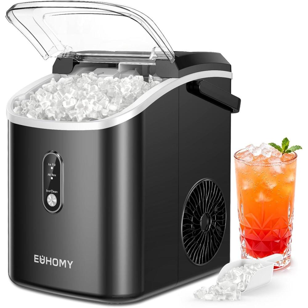 imageEUHOMY Nugget Ice Maker Countertop with Handle Ready in 6 Mins 38lbsDay Removable Top Cover SelfCleaning Portable Chewable Ice Maker with Basket Scoop for HomeRVPartyCamping BlackBlack