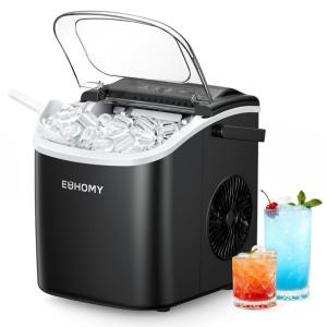 EUHOMY Countertop Ice Maker Machine with Handle, 26.5lbs Per Day, 9 Ice Cubes Ready in 6 Mins, Auto-Cleaning Portable Ice Maker with Basket and Scoop, for Home/Kitchen/Camping/RV (Black)(Black)
