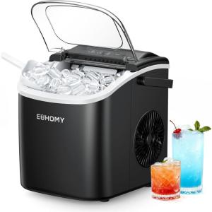EUHOMY Countertop Ice Maker Machine with Handle, 9 Cubes in 6 Mins, 26 lbs per Day, Energy Saving, Self-Cleaning, Portable Ice Maker with Basket and Scoop, Ideal for Home, Kitchen, Camping, RV