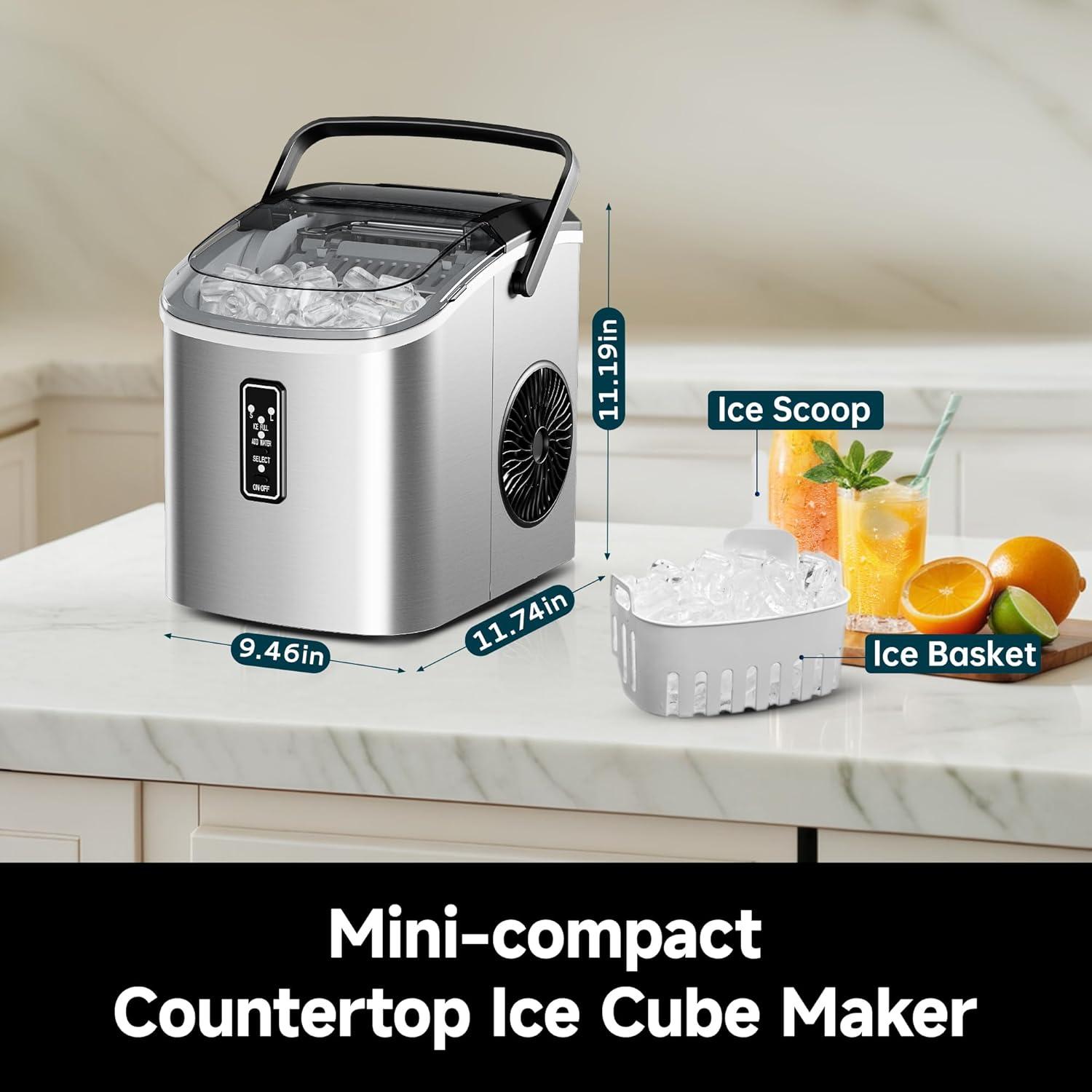 image:imageEUHOMY Ice Maker Countertop 9 Cubes Ready in 6 Mins 26lbs24H SelfCleaning Portable Ice Maker Machine with Carry Handle Basket and Scoop 2 Sizes of Bullet Ice for Home Kitchen OfficeSilver