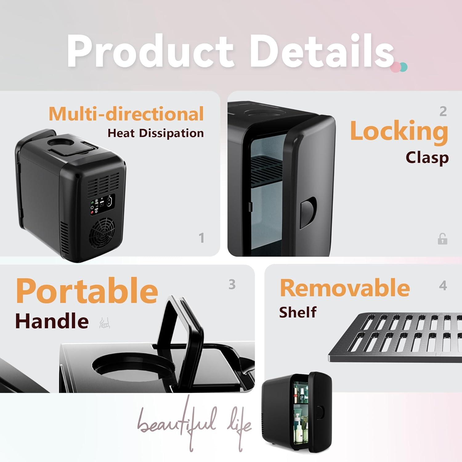 image:imageEUHOMY Mini Fridge 4 Liter6 Cans Small Refrigerator Portable Cooler and Warmer for Skin Care Cosmetics Beverage 4L Makeup Mini Fridge for Bedroom Car Office PinkBlack