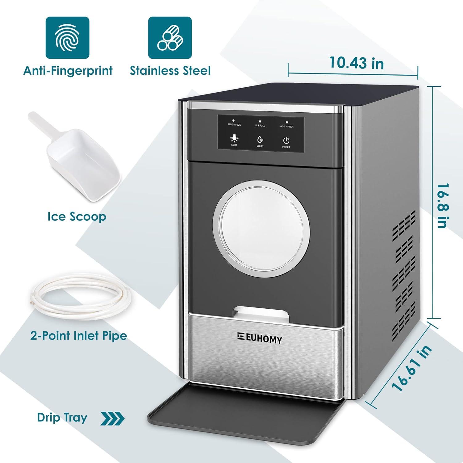 image:imageEUHOMY Nugget Ice Maker Countertop Max 33lbs24H 2 Ways Water Refill LED Light SelfCleaning Pebble Ice Maker with Basket and Scoop for HomeKitchenCampingRV Black Silver