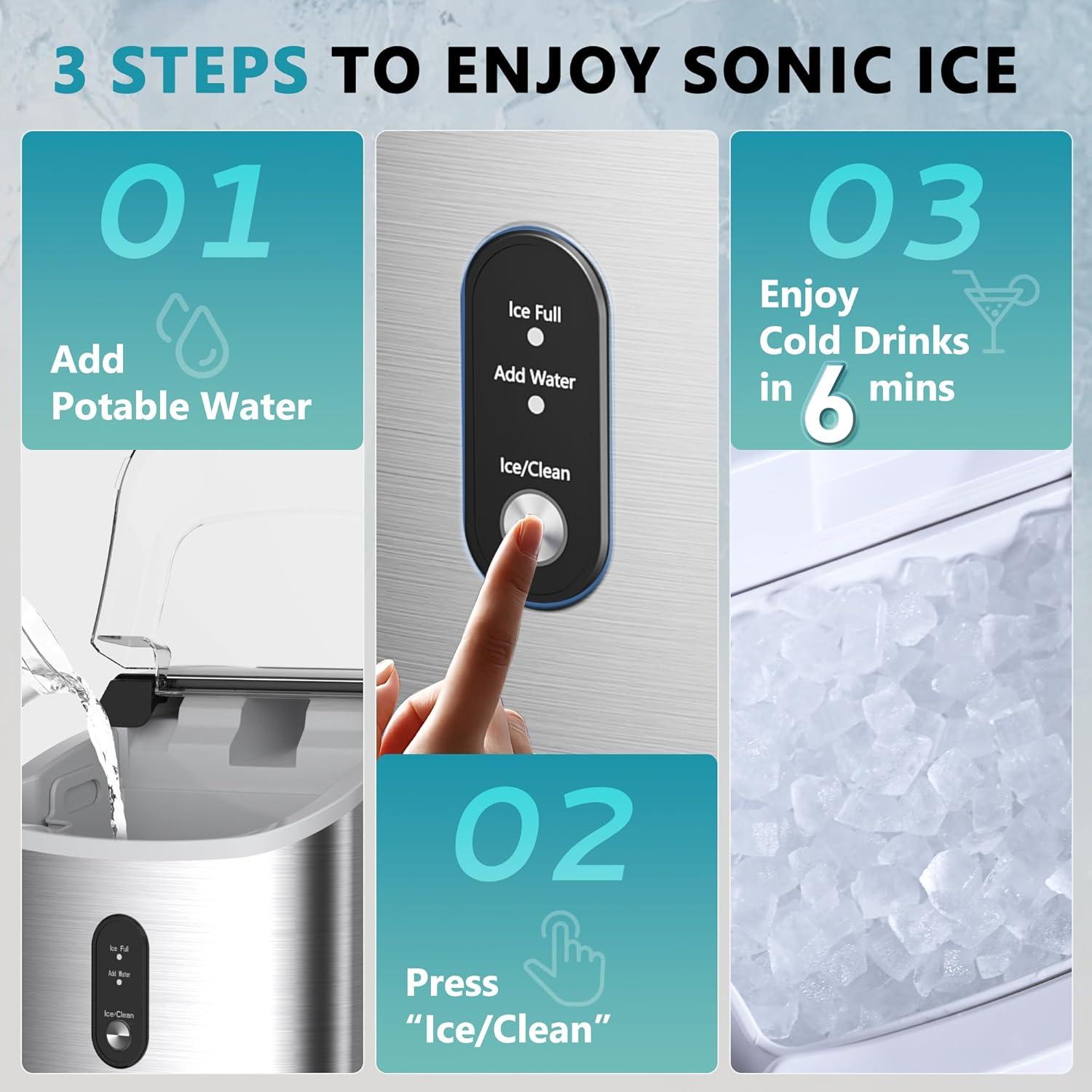image:imageEUHOMY Nugget Ice Maker Countertop with Handle Ready in 6 Mins 34lbs Per Day Removable Top Cover AutoCleaning Portable Sonic Ice Maker with Basket and Scoop for HomePartyRVCamping SilverSteel Light Silver