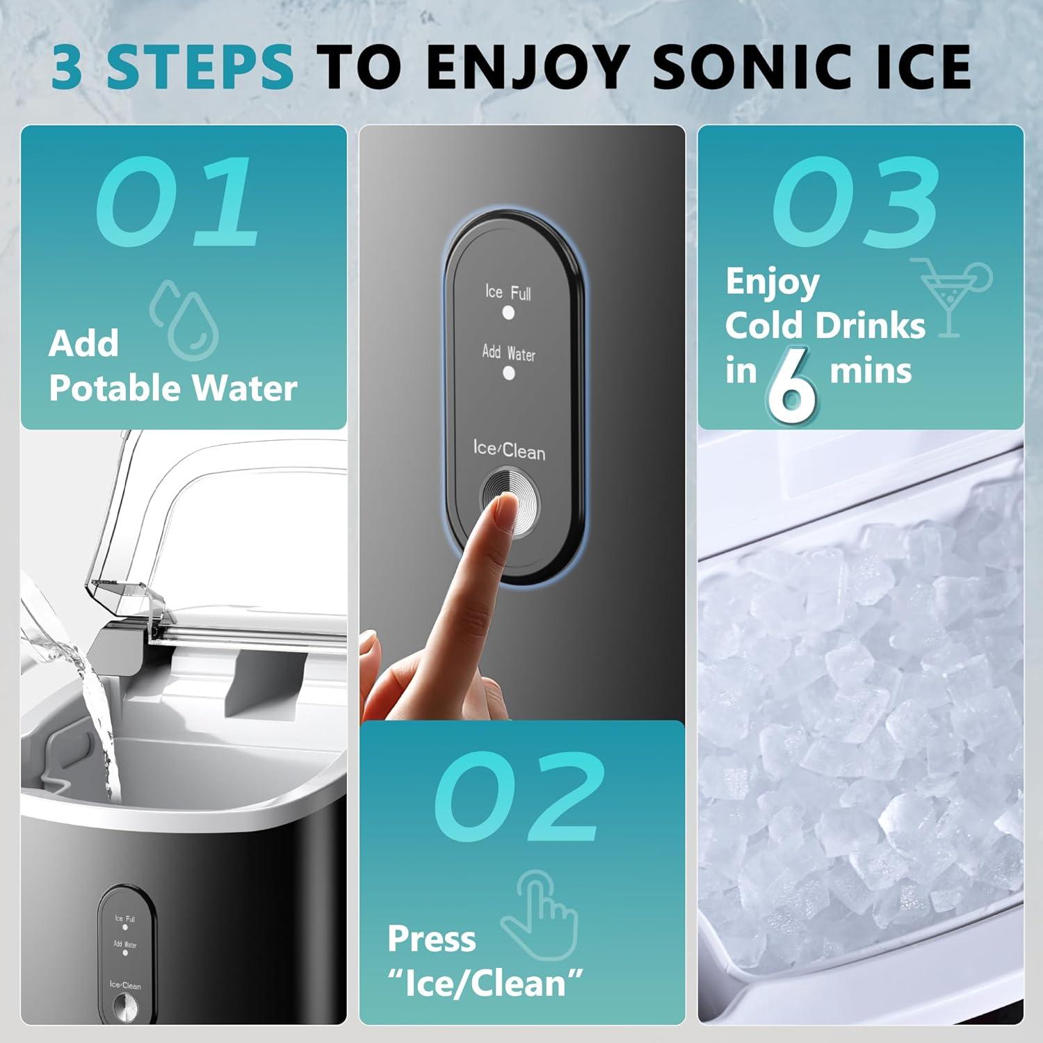 image:imageEUHOMY Nugget Ice Maker Countertop with Handle Ready in 6 Mins 34lbs Per Day Removable Top Cover AutoCleaning Portable Sonic Ice Maker with Basket and Scoop for HomePartyRVCamping SilverBlack