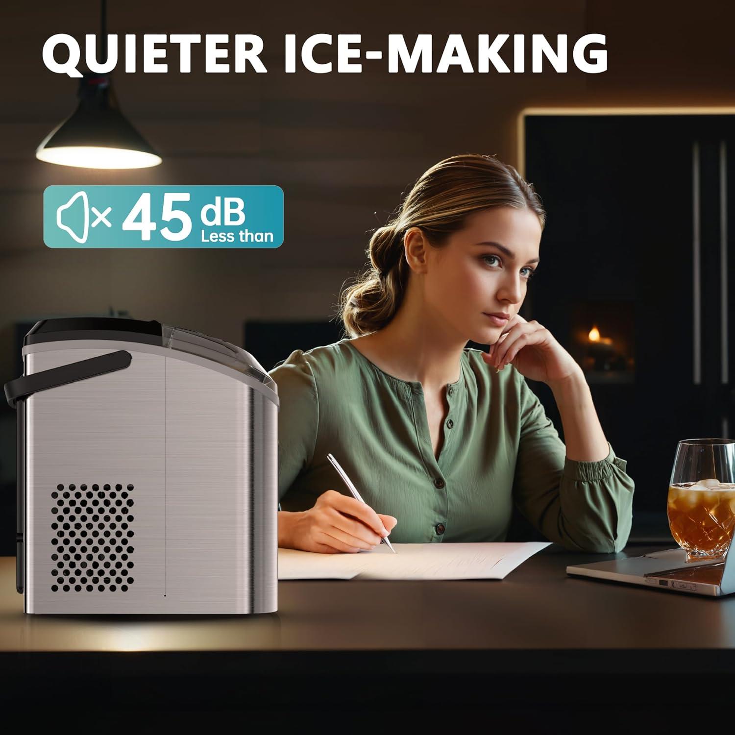 image:imageEUHOMY Nugget Ice Maker Countertop with Handle Ready in 6 Mins 34lbs Per Day Removable Top Cover AutoCleaning Portable Sonic Ice Maker with Basket and Scoop for HomePartyRVCamping SilverSteel Light Silver