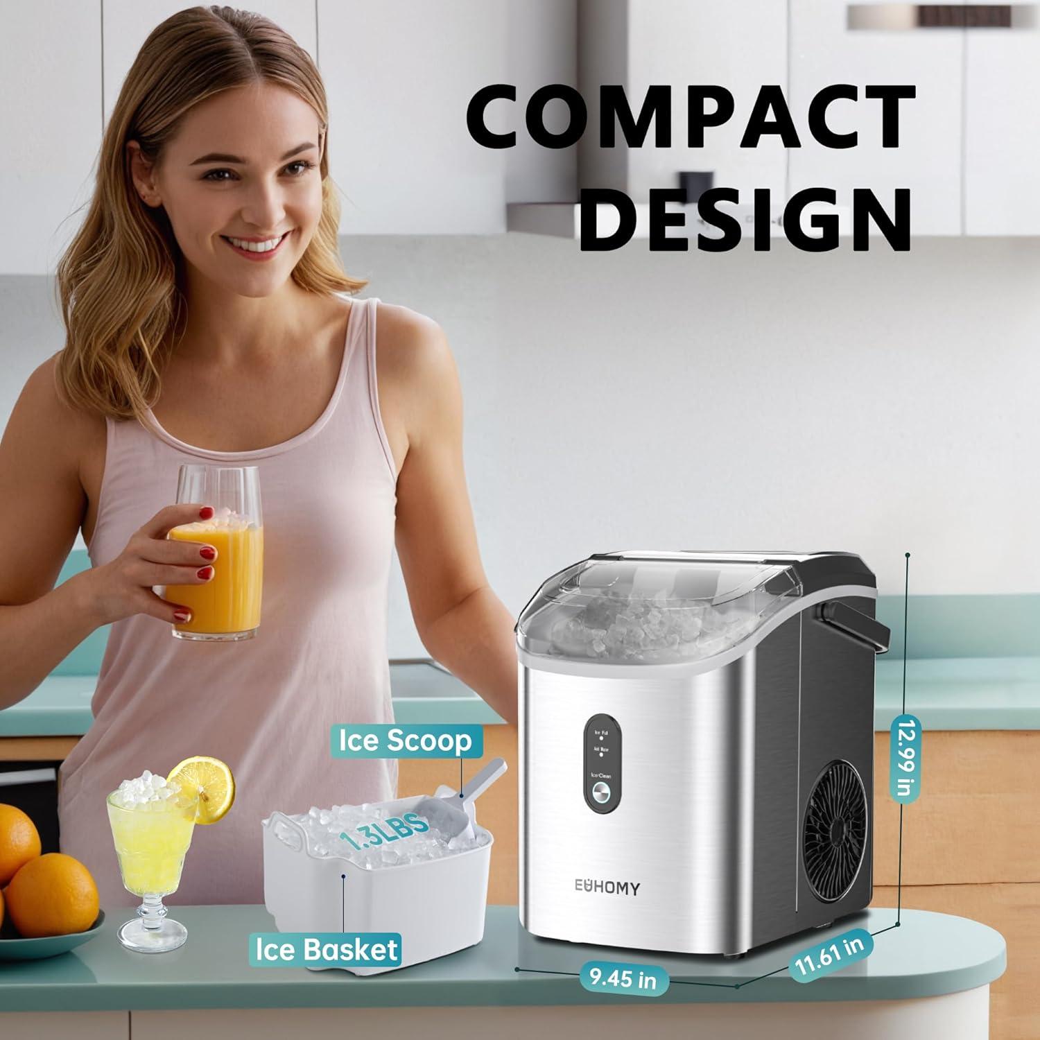 image:imageEUHOMY Nugget Ice Maker Countertop with Handle Ready in 6 Mins 34lbs Per Day Removable Top Cover AutoCleaning Portable Sonic Ice Maker with Basket and Scoop for HomePartyRVCamping SilverSteel Light Silver