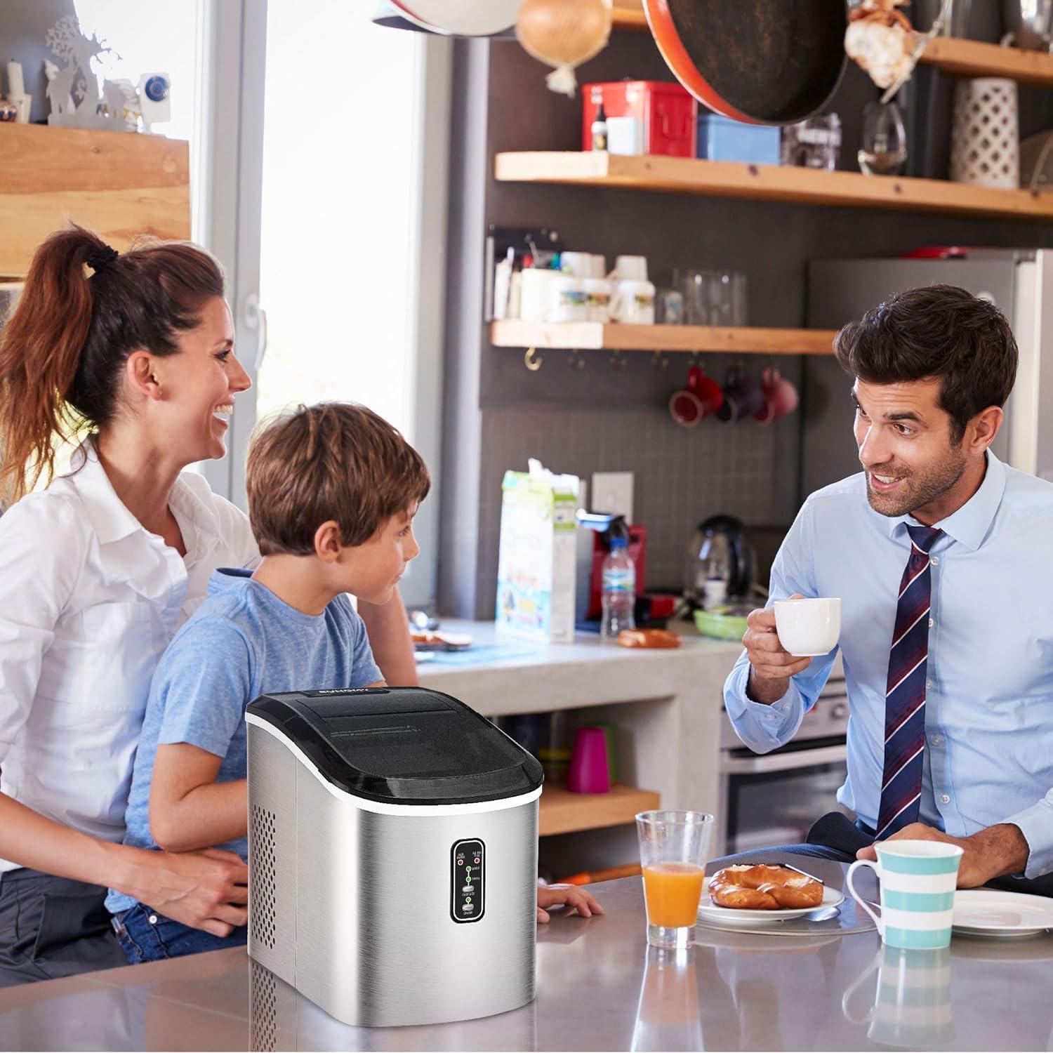image:imageEUHOMY Nugget Ice Maker Countertop with Handle Ready in 6 Mins 34lbs Per Day Removable Top Cover AutoCleaning Portable Sonic Ice Maker with Basket and Scoop for HomePartyRVCamping SilverSteel Silver